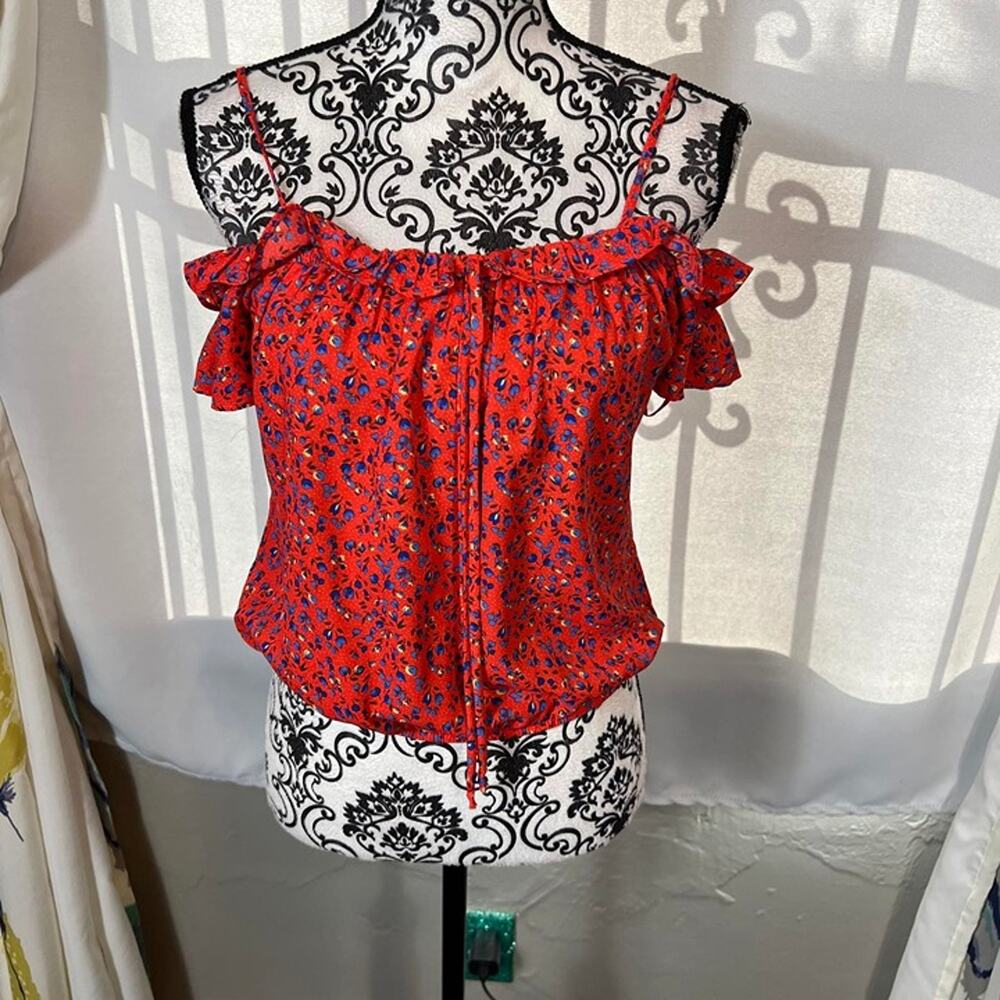 Sienna Sky red ditzy floral cold shoulder ruffle crop top